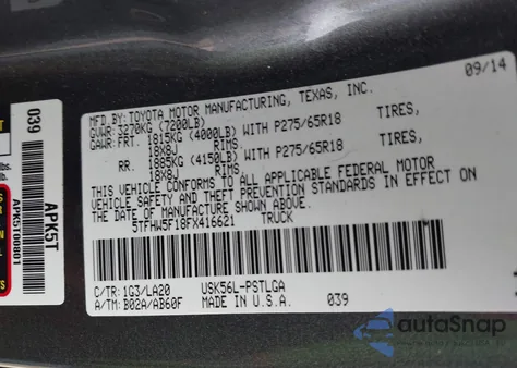 2015 Toyota Tundra Limited 5.7L V8 z USA, uszkodzony, nr VIN 5TFHW5F18FX416621